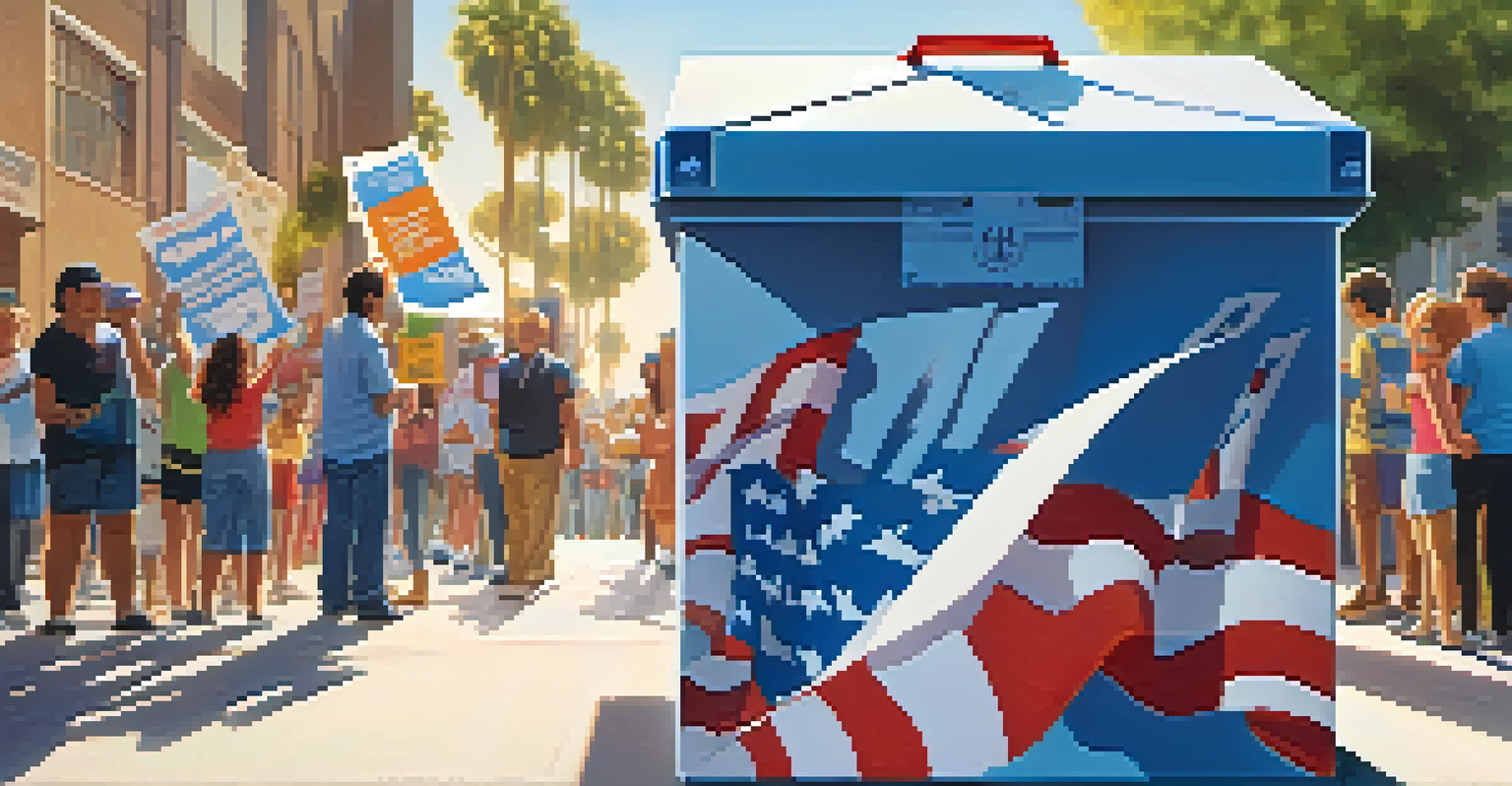 Close-up of a ballot box in San Jose with voters holding flyers, illuminated by bright sunlight.