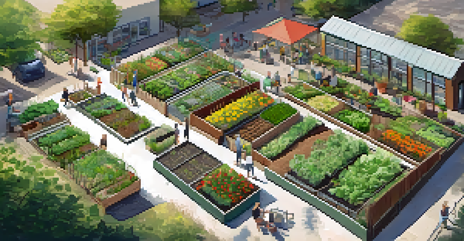 An aerial view of a vibrant community garden featuring composting stations, with people engaged in gardening and composting activities.