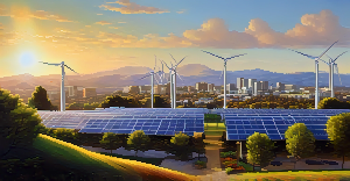 A panoramic view of San Jose with solar panels on rooftops and wind turbines, under warm sunlight.