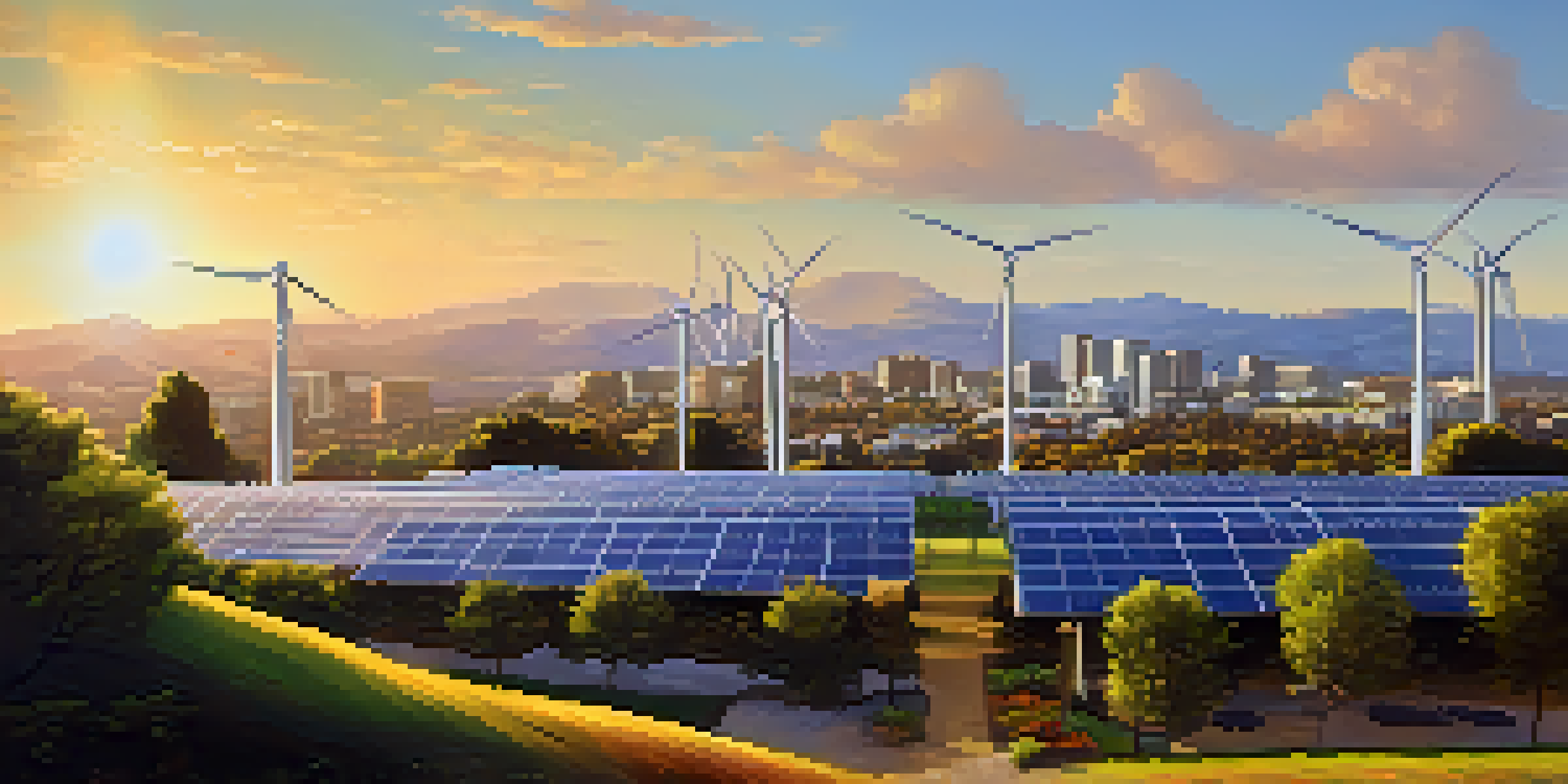 A panoramic view of San Jose with solar panels on rooftops and wind turbines, under warm sunlight.