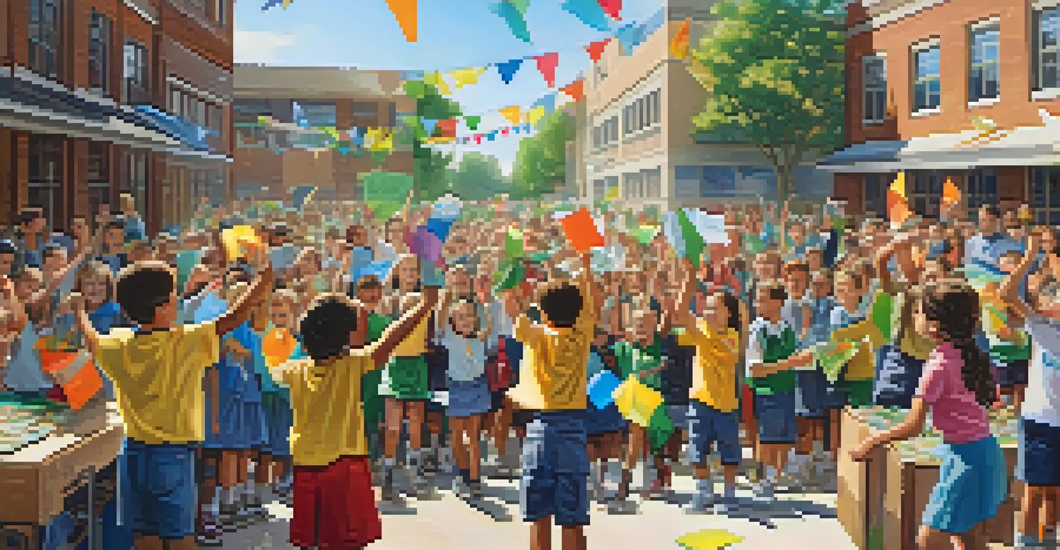 Students engaging in a recycling competition at school, with colorful banners and parents cheering in the background.
