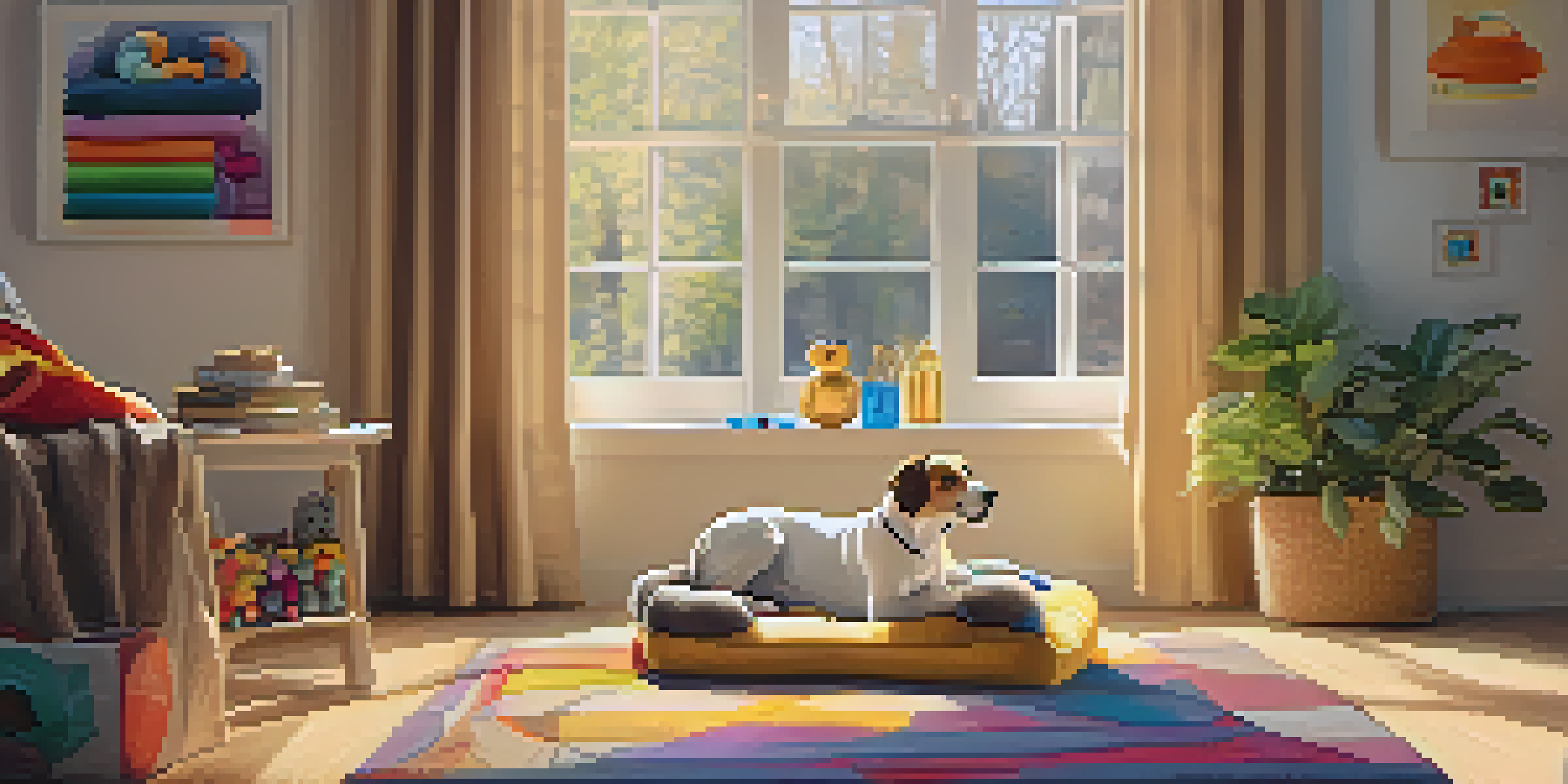 A cozy corner of a living room with a plush pet bed, colorful toys, and treats, illuminated by soft sunlight.