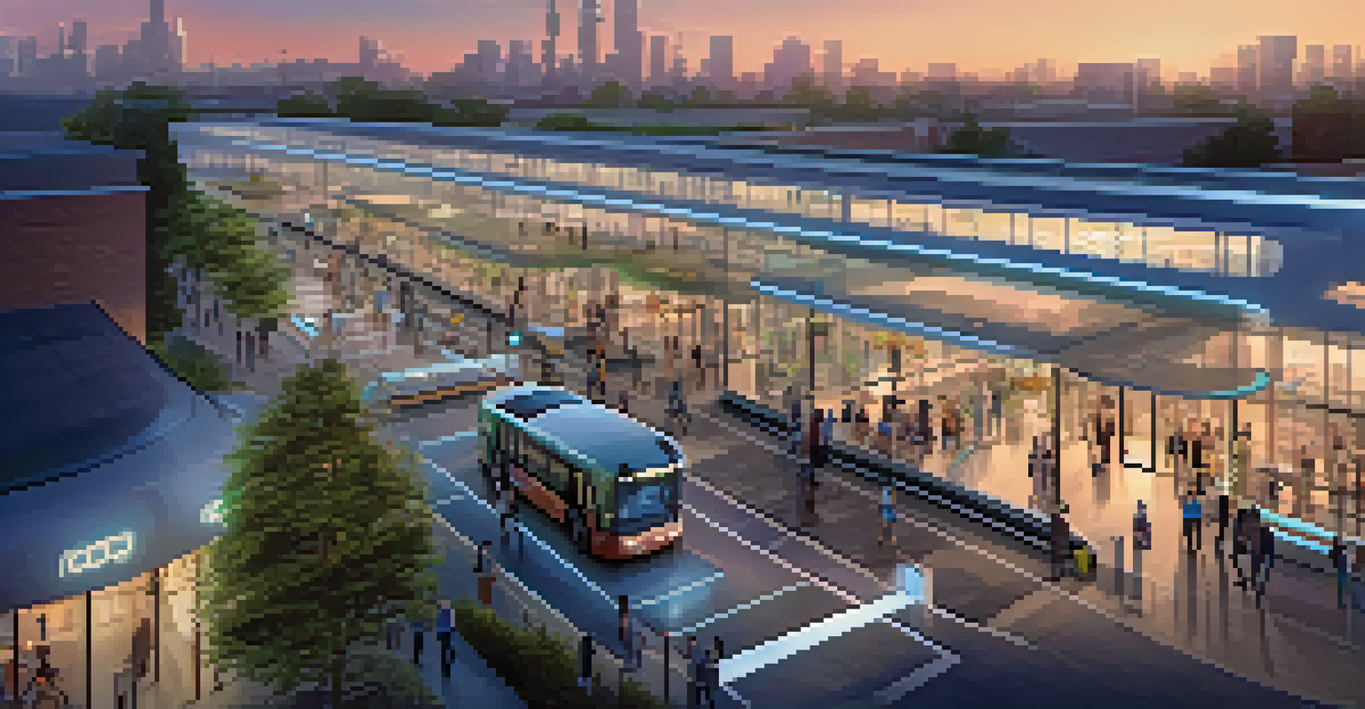 A futuristic city showcasing electric buses, autonomous vehicles, and smart mobility solutions under a twilight sky with glowing city lights.
