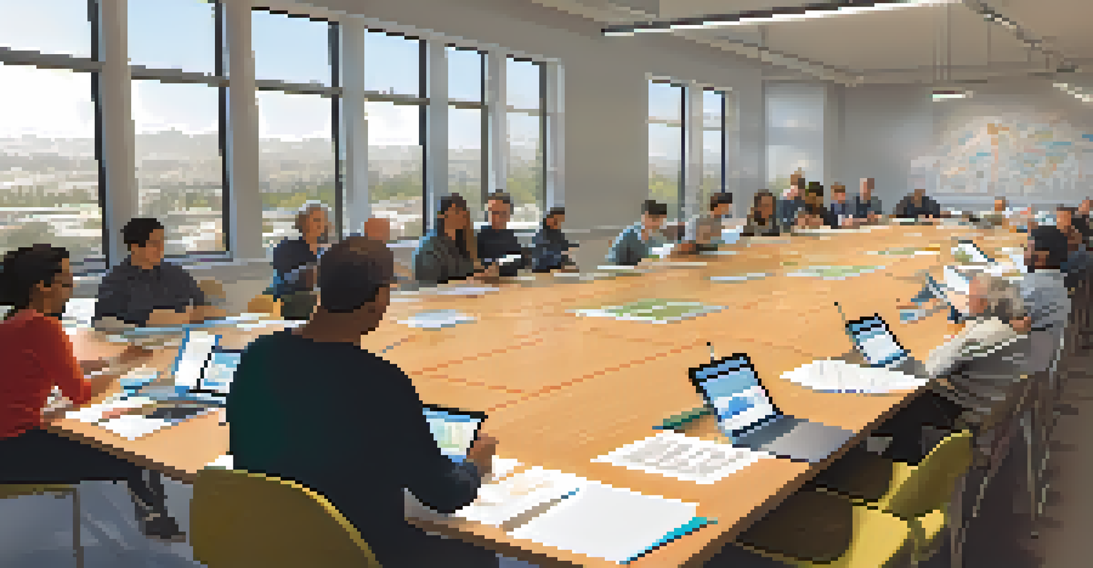 A community workshop with city planners and residents discussing urban development, using technology and maps in a bright room.
