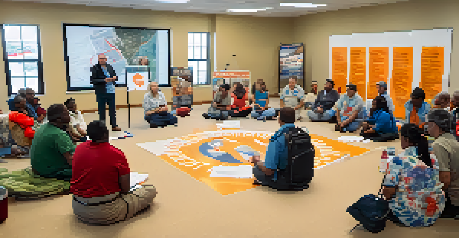 A community workshop on disaster preparedness with attendees learning about emergency kits in a well-lit community center.