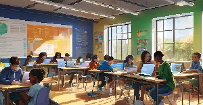 A diverse classroom with students using laptops and tablets, a teacher at the front, and bright sunlight coming through the windows.