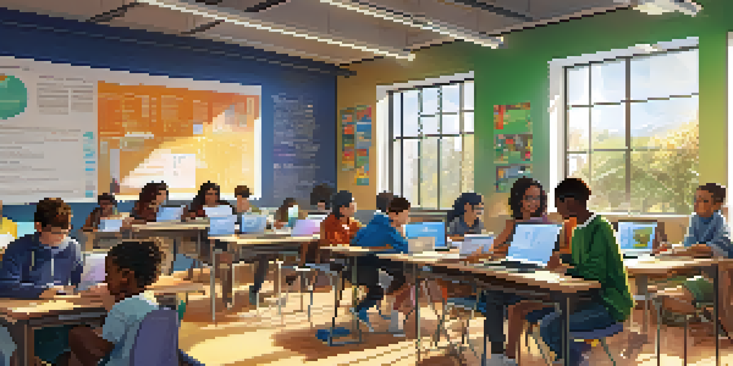 A diverse classroom with students using laptops and tablets, a teacher at the front, and bright sunlight coming through the windows.
