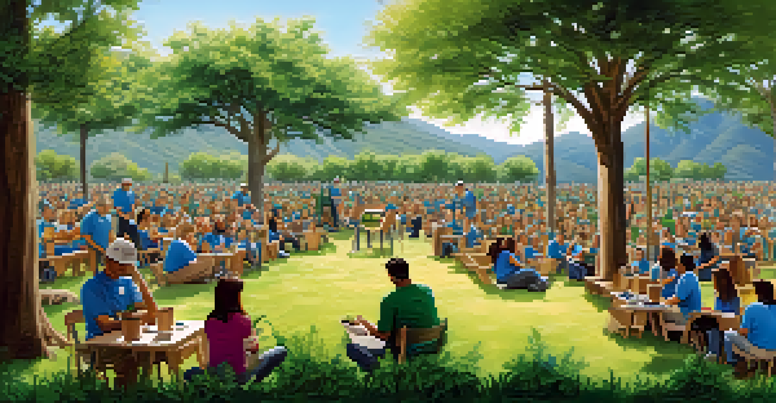 Corporate volunteers of diverse backgrounds engaging in a tree-planting event outdoors in a community setting.