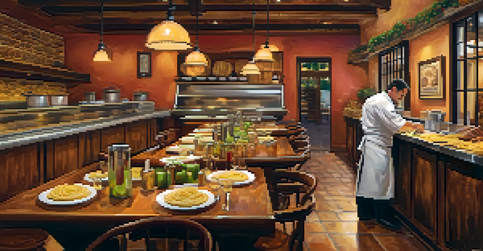 The interior of an Italian restaurant in San Jose with a chef preparing homemade pasta and a cozy atmosphere.