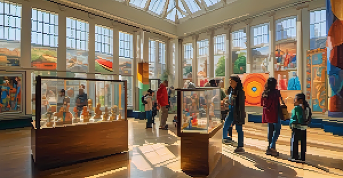 A lively museum interior filled with diverse artworks and engaged visitors of various ages interacting with exhibits under natural light.