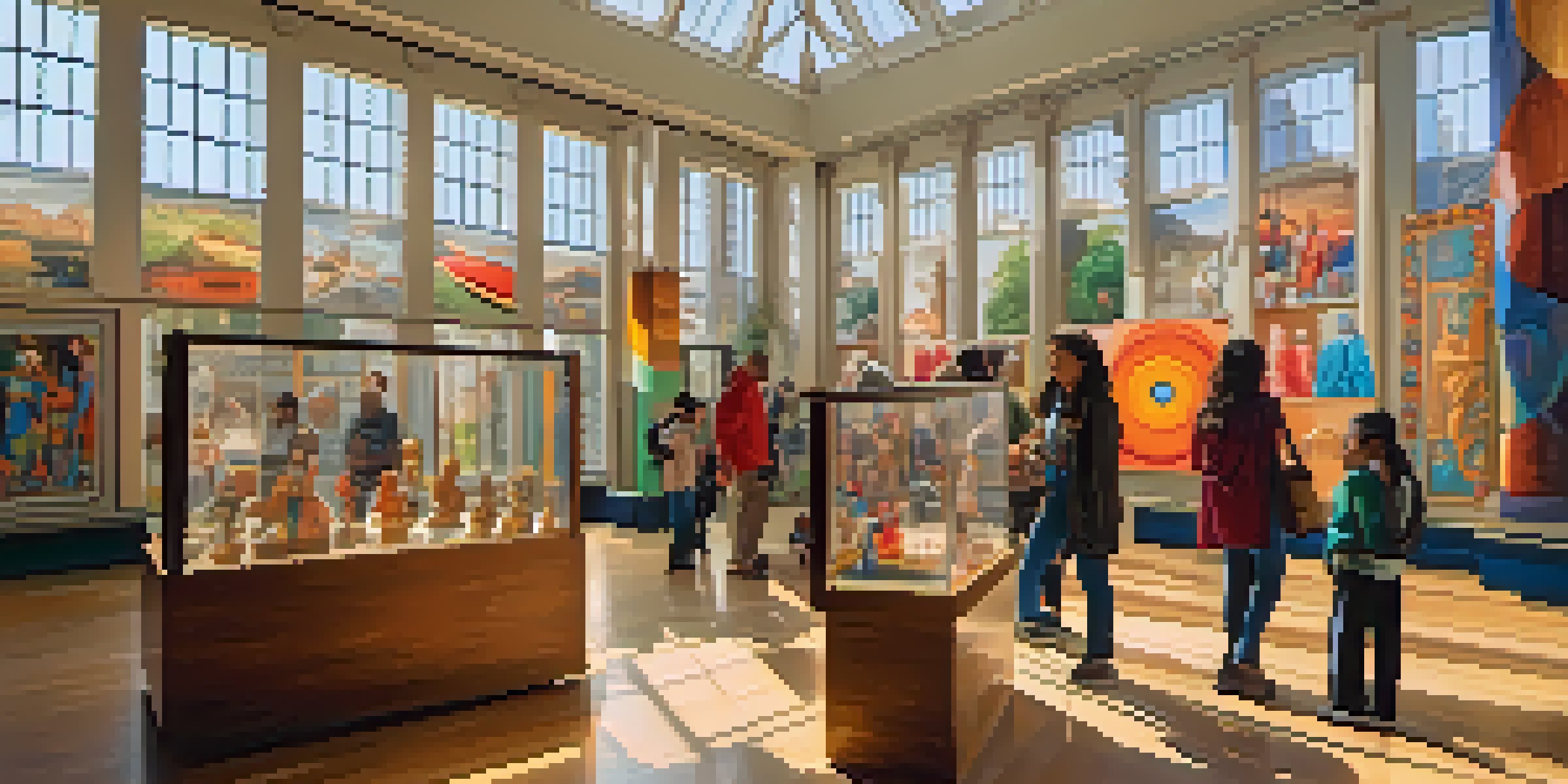 A lively museum interior filled with diverse artworks and engaged visitors of various ages interacting with exhibits under natural light.