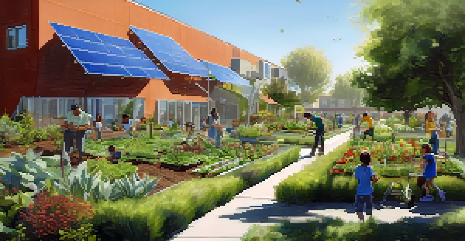 A peaceful urban sustainability project in San Jose showcasing a community garden with solar panels and children playing in a green environment.