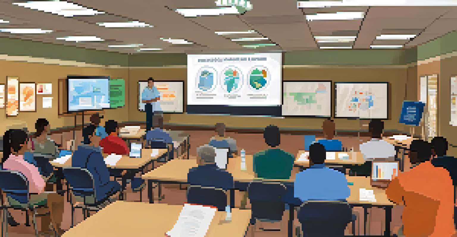 Residents participating in an emergency preparedness workshop in a community center, engaging in a hands-on simulation with educational materials and a facilitator demonstrating safety techniques.