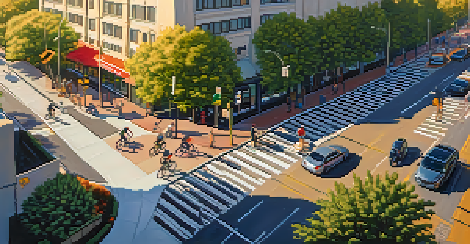 An aerial shot of a San Jose intersection showing cyclists in bike lanes, pedestrians, and cars during sunset.