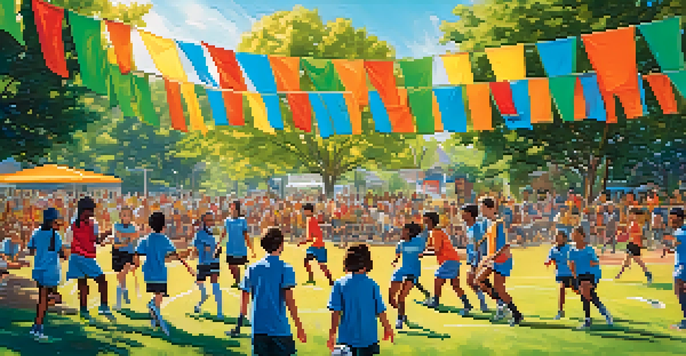 A diverse group of teenagers playing soccer and enjoying a community sports event in a park, with colorful banners promoting healthy lifestyles.