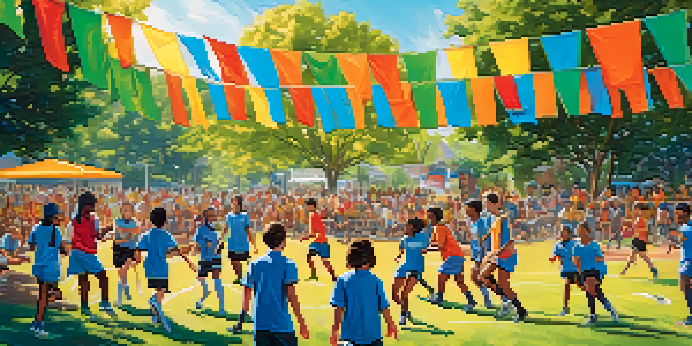 A diverse group of teenagers playing soccer and enjoying a community sports event in a park, with colorful banners promoting healthy lifestyles.