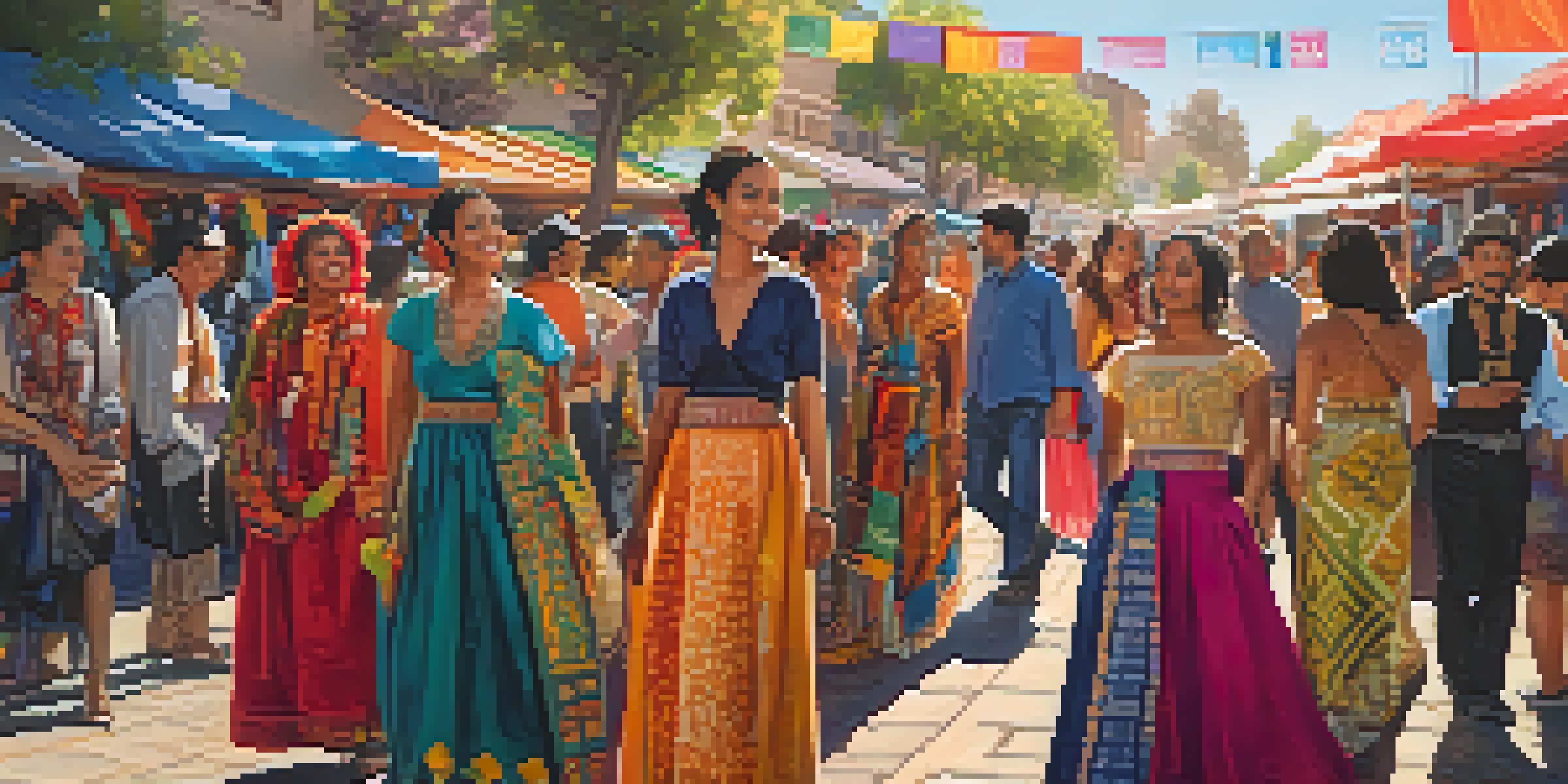 A lively street scene at a cultural festival in San Jose, with people in diverse clothing styles and colorful stalls.