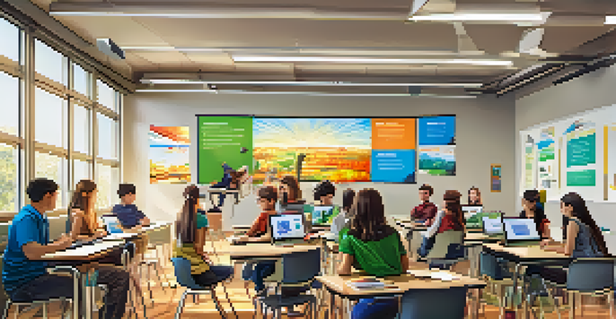 A classroom where students are using tablets and laptops alongside an interactive whiteboard, illuminated by sunlight.