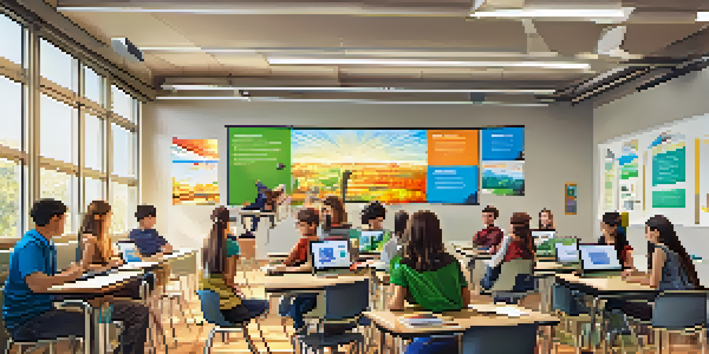 A classroom where students are using tablets and laptops alongside an interactive whiteboard, illuminated by sunlight.