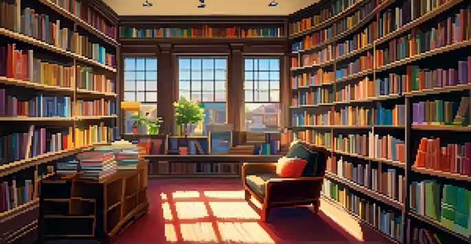 A warm and inviting independent bookstore with wooden shelves filled with books, a cozy reading nook, and sunlight filtering through a window.