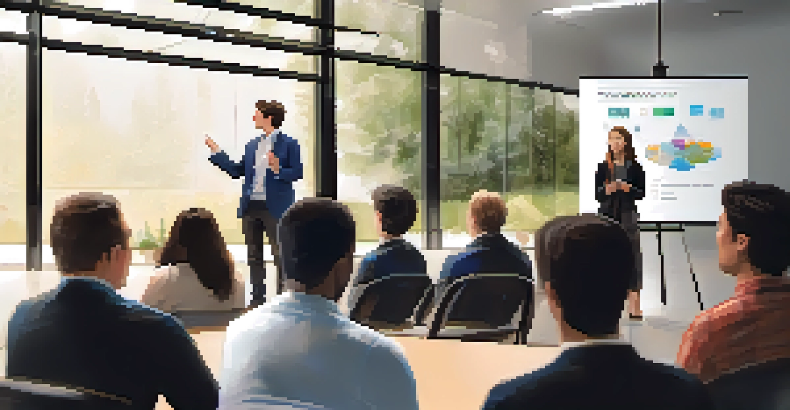 A student confidently presenting their startup idea at a pitch competition, with an engaged audience and judges in the background.