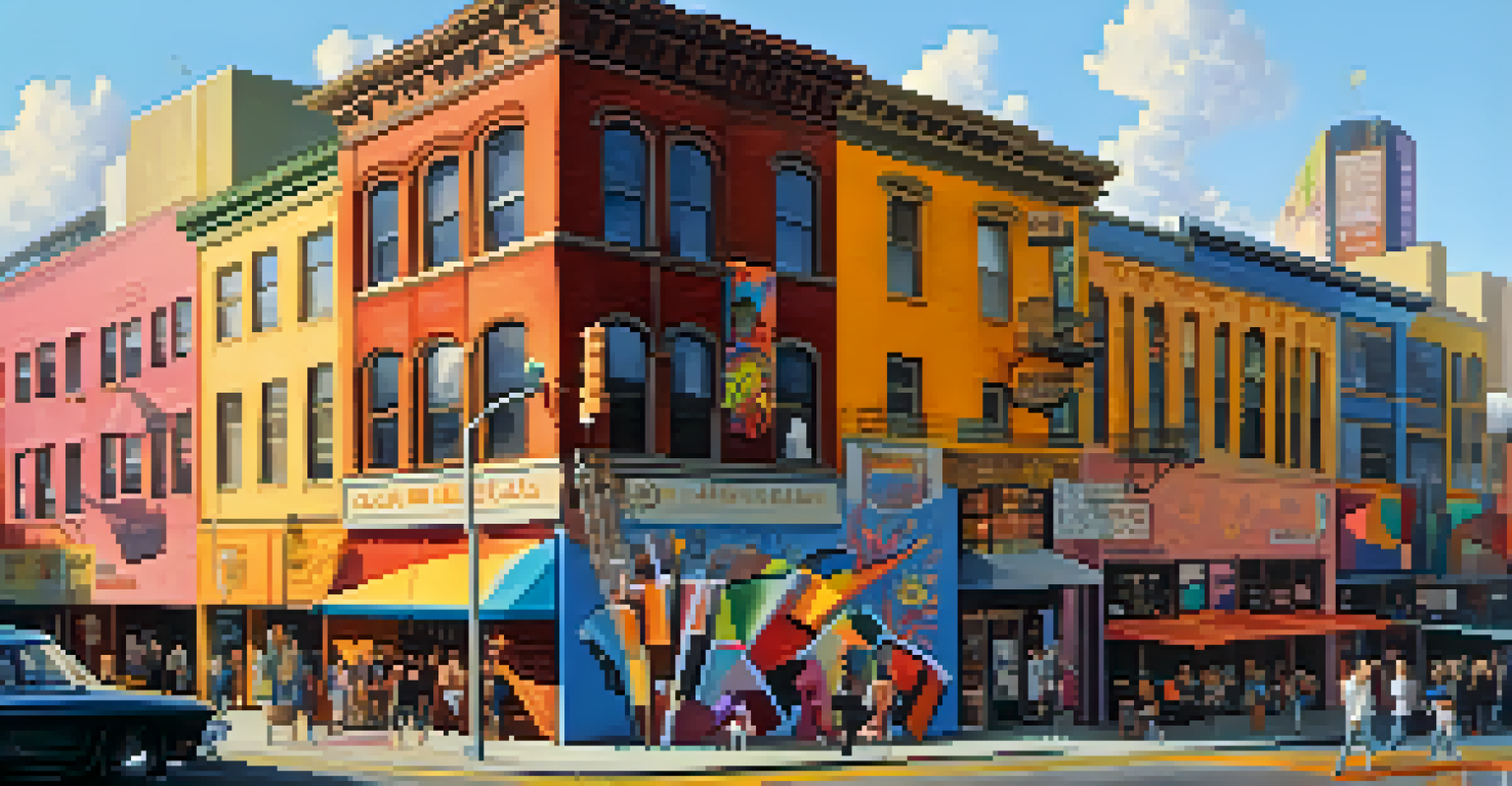 A colorful mural in the SoFA District with art studios and theaters, illuminated by the warm glow of sunset.