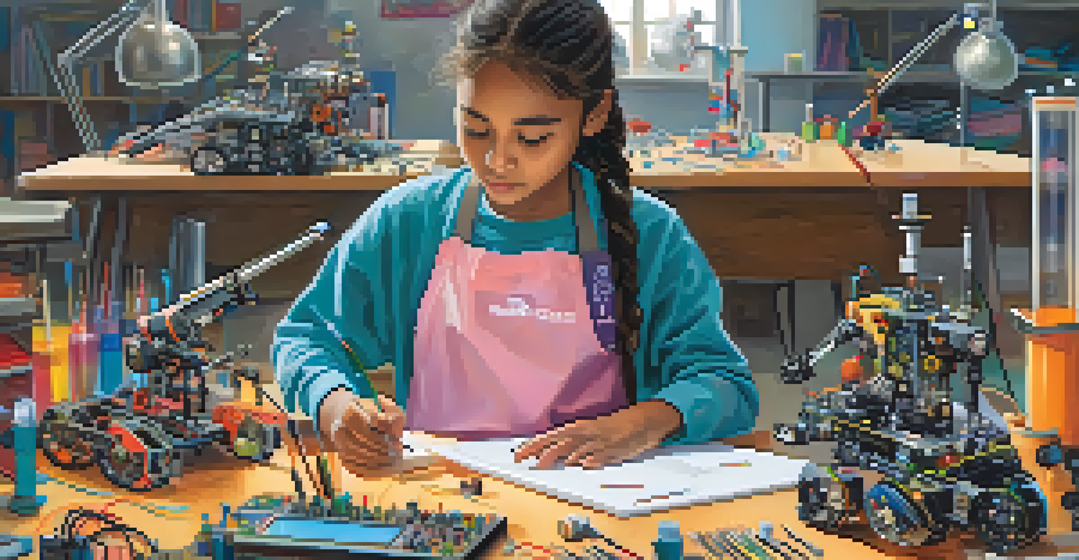 A young girl engaged in a STEM workshop with female mentors, working on a robotics project.
