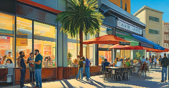 A lively street in San Jose with entrepreneurs outside a café discussing business ideas, with a skyline in the background.