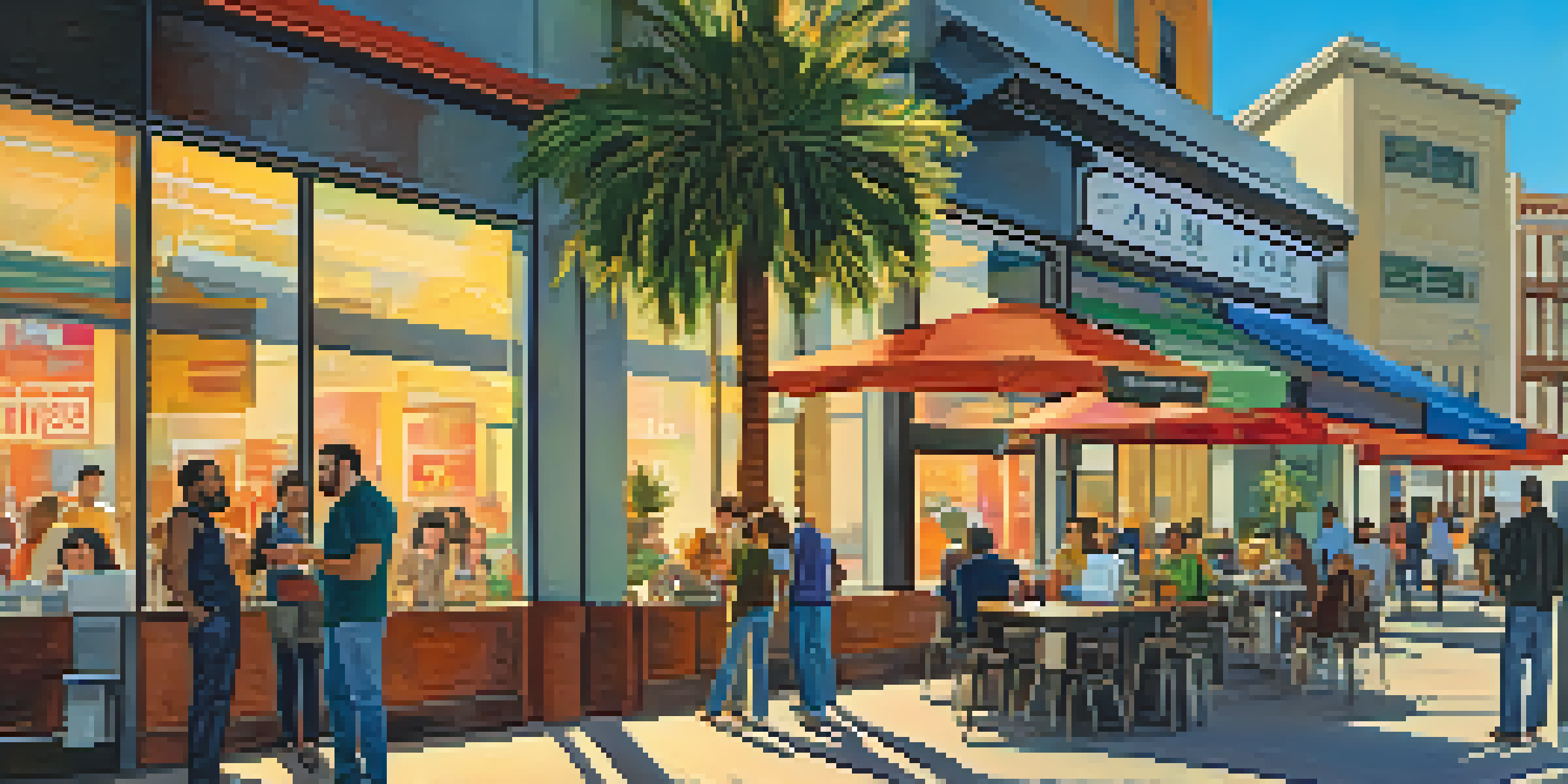 A lively street in San Jose with entrepreneurs outside a café discussing business ideas, with a skyline in the background.