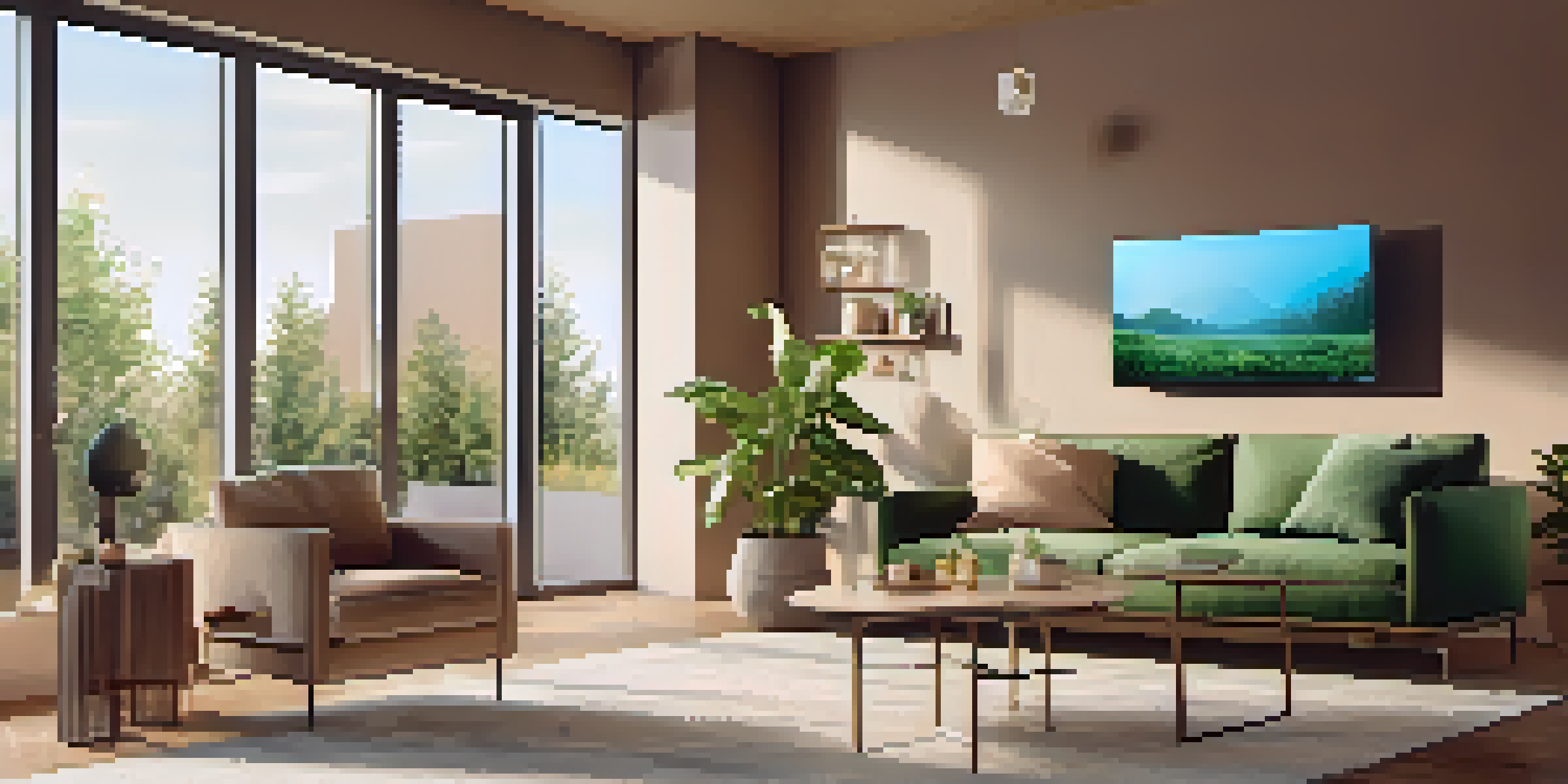 A cozy living room with a smart thermostat, bright sunlight, and energy-efficient appliances.