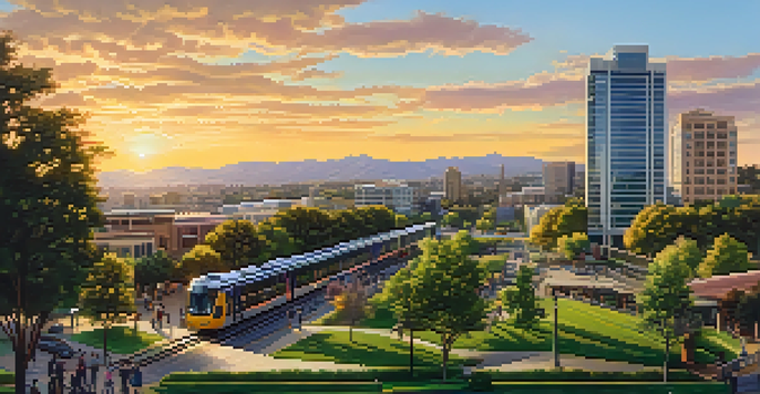 A panoramic view of San Jose showing skyscrapers, parks, and residential areas bathed in sunset light, with people and a light rail train visible.