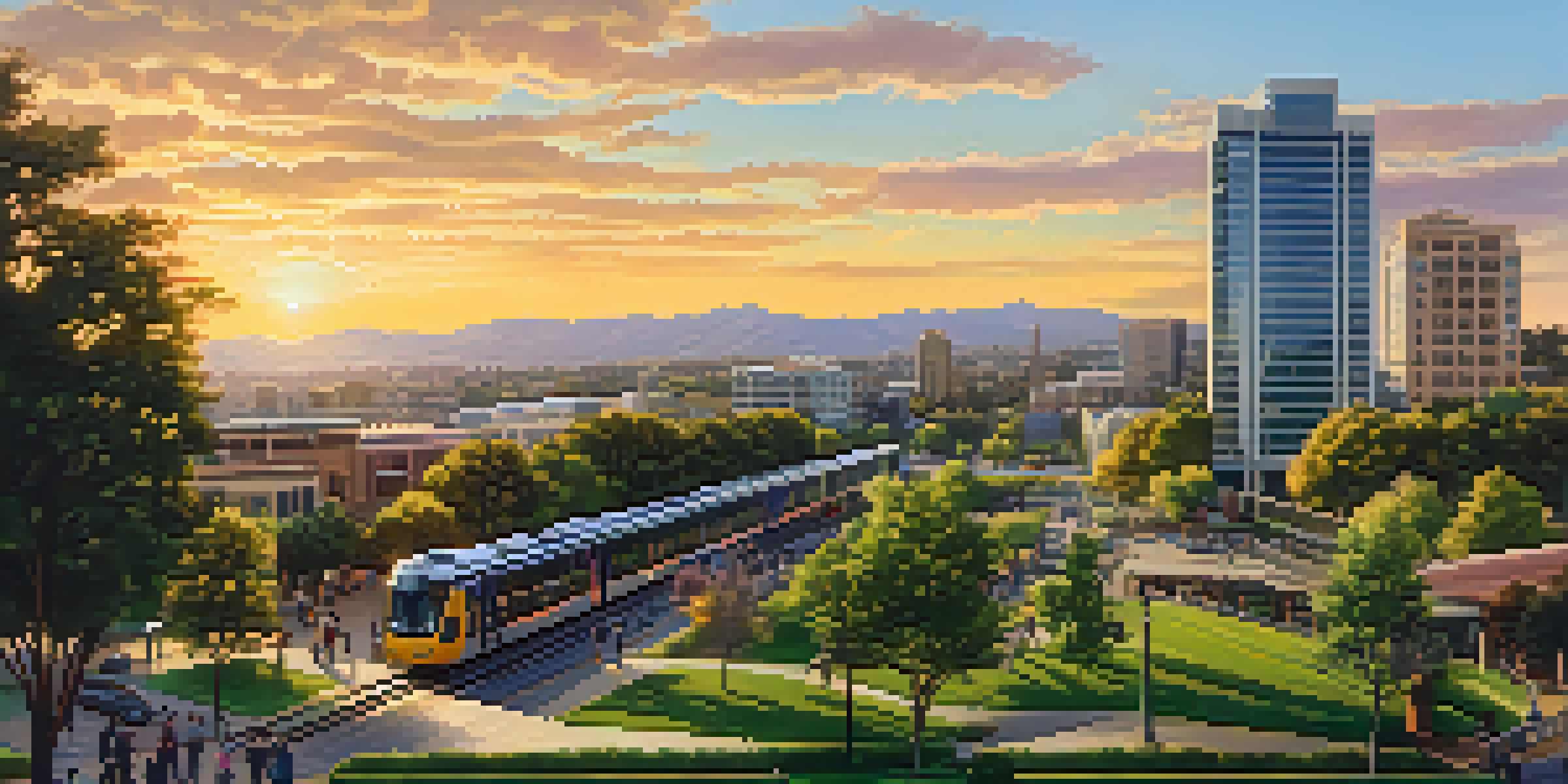 A panoramic view of San Jose showing skyscrapers, parks, and residential areas bathed in sunset light, with people and a light rail train visible.