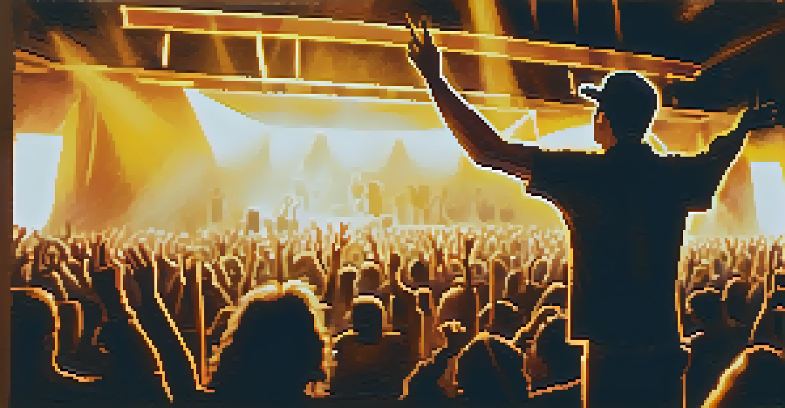 A local musician passionately performing on stage at a festival, with a captivated audience in the background and warm stage lights illuminating the scene.