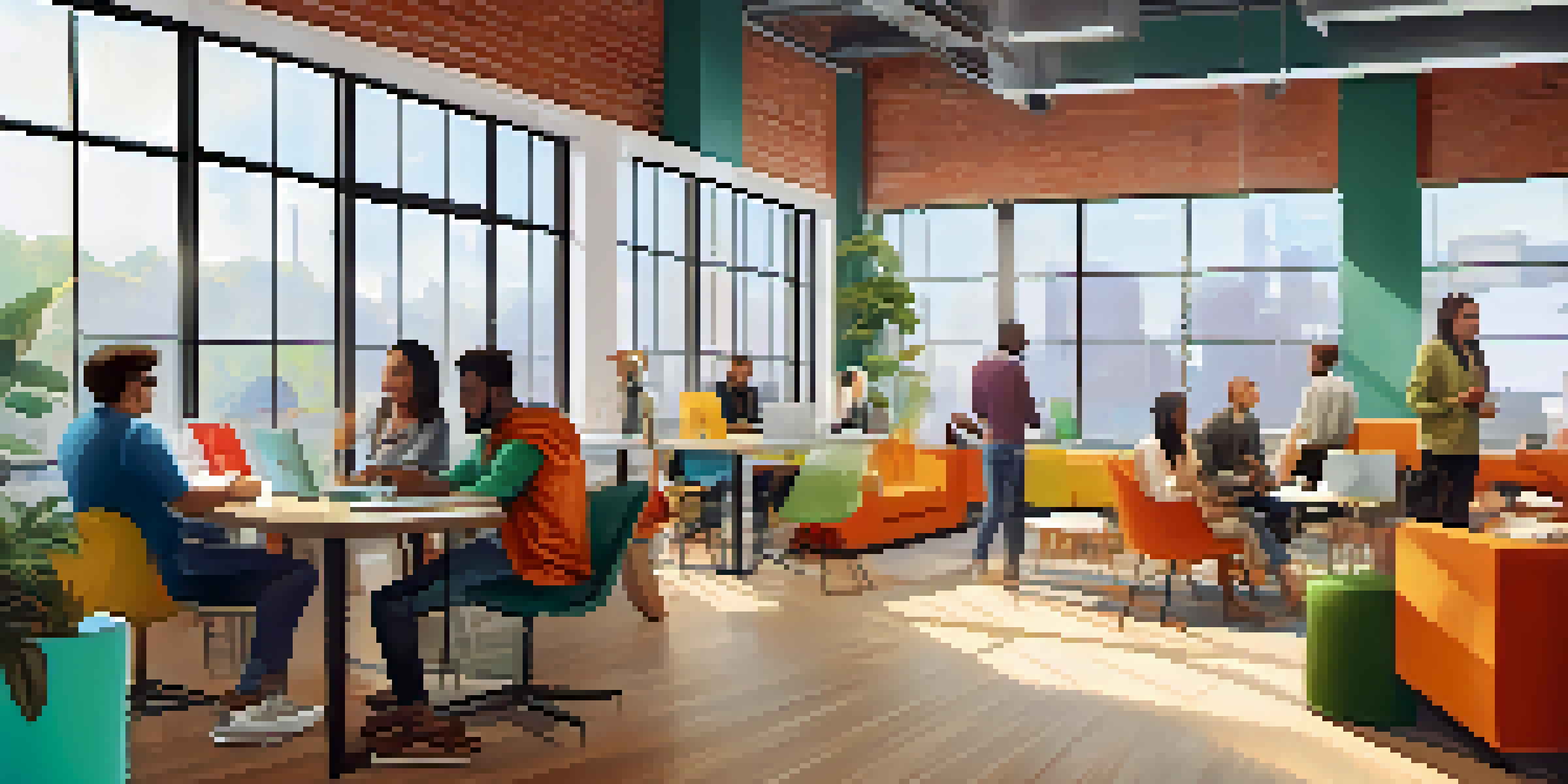 A lively co-working space with diverse entrepreneurs working together on technology projects, surrounded by modern furniture and natural light.