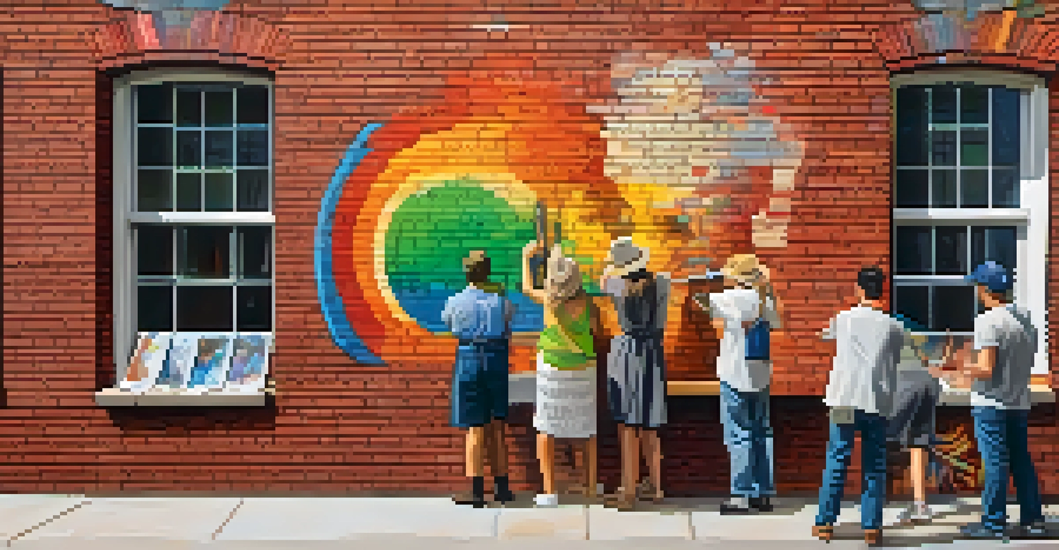 An artist painting a large mural on a brick wall with onlookers admiring, set in warm afternoon light.