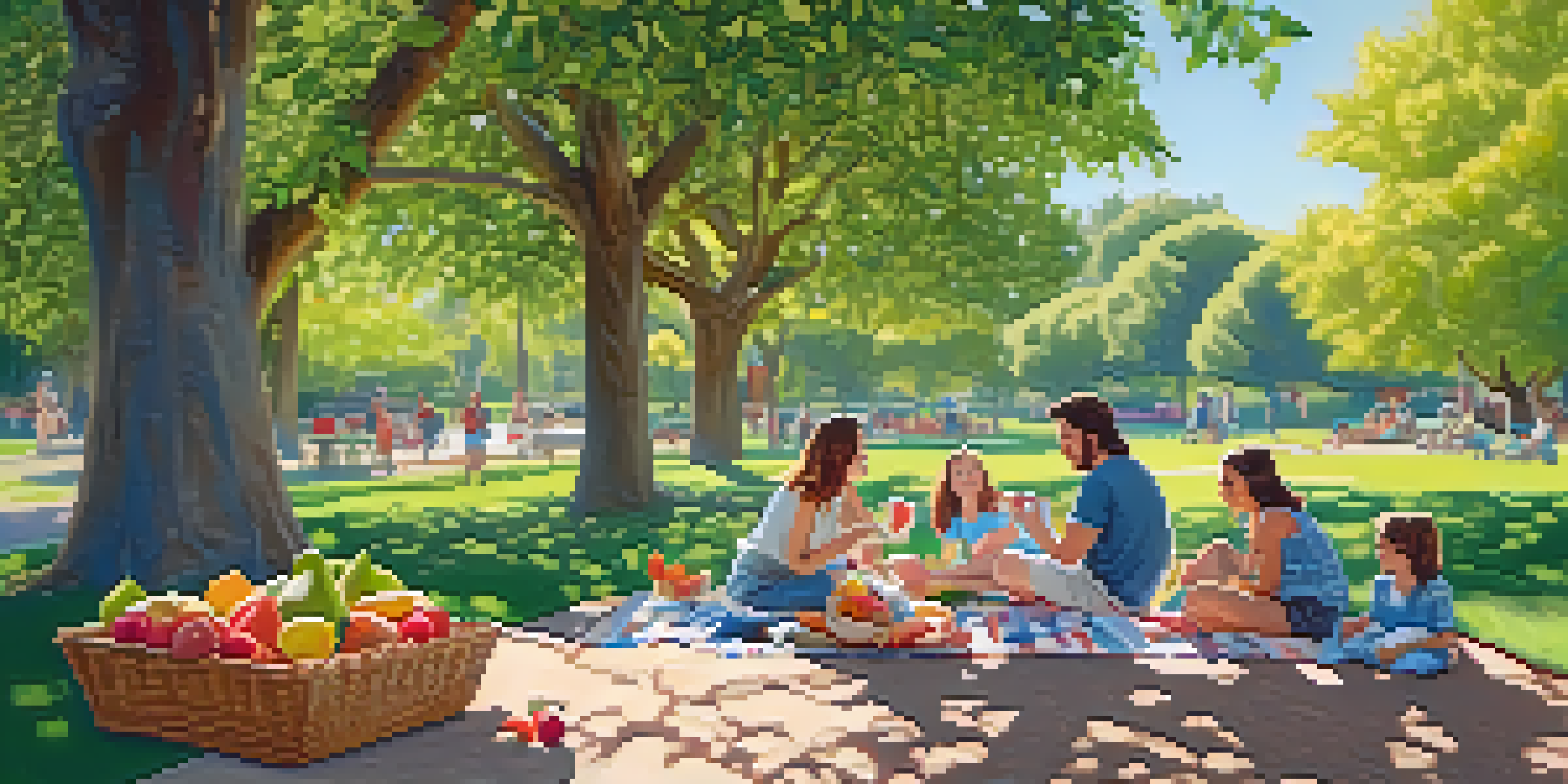 A family having a picnic on a blanket surrounded by flowers and trees in a park during a sunny day.