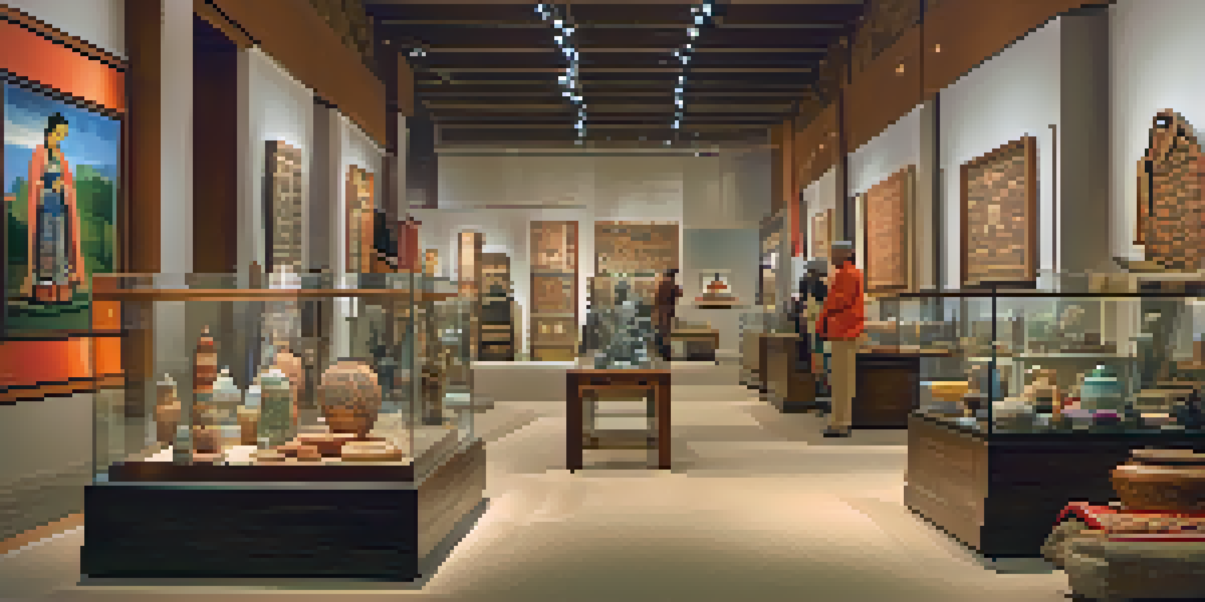 A bright museum interior with diverse cultural artifacts on display. People are seen interacting and admiring the exhibits.