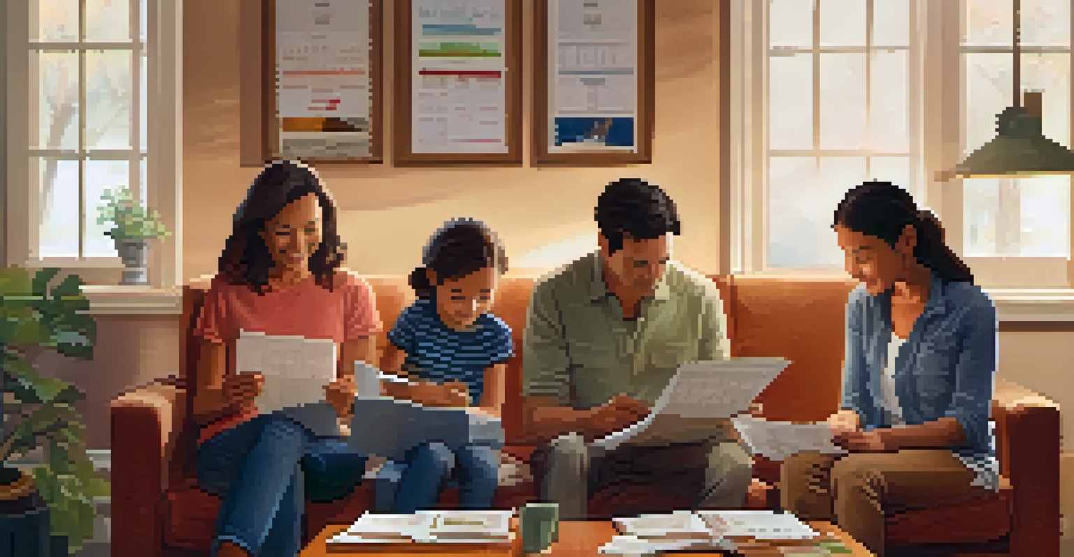 A family discussing their disaster preparedness plan with a checklist and map in a cozy living room.