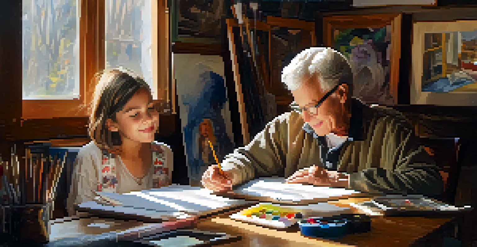 A senior sharing stories with a young artist in a cozy studio filled with art supplies, with warm light streaming through a window.