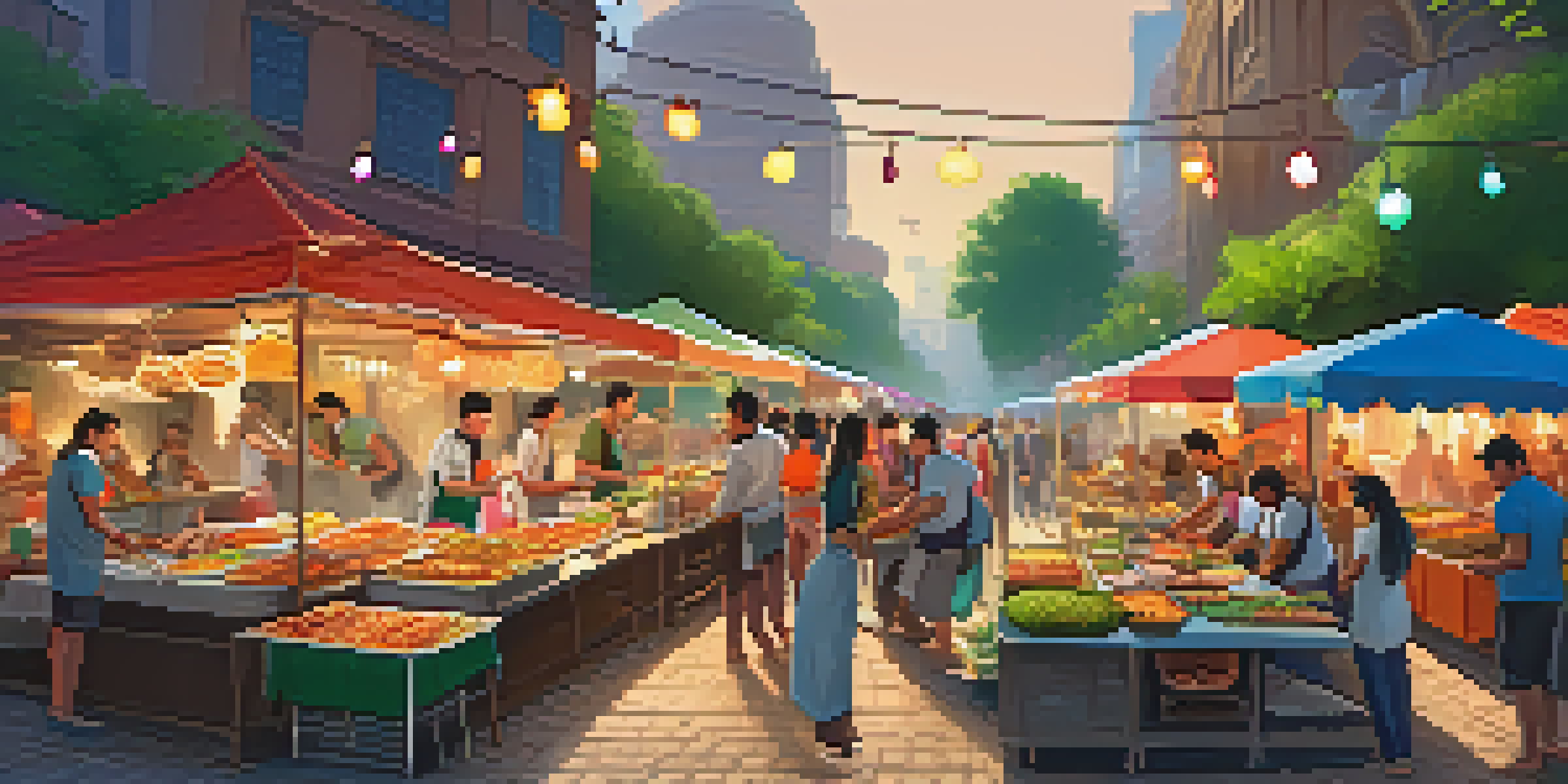A lively street food market with various stalls offering colorful dishes, people enjoying food, and a warm atmosphere with decorative lights.