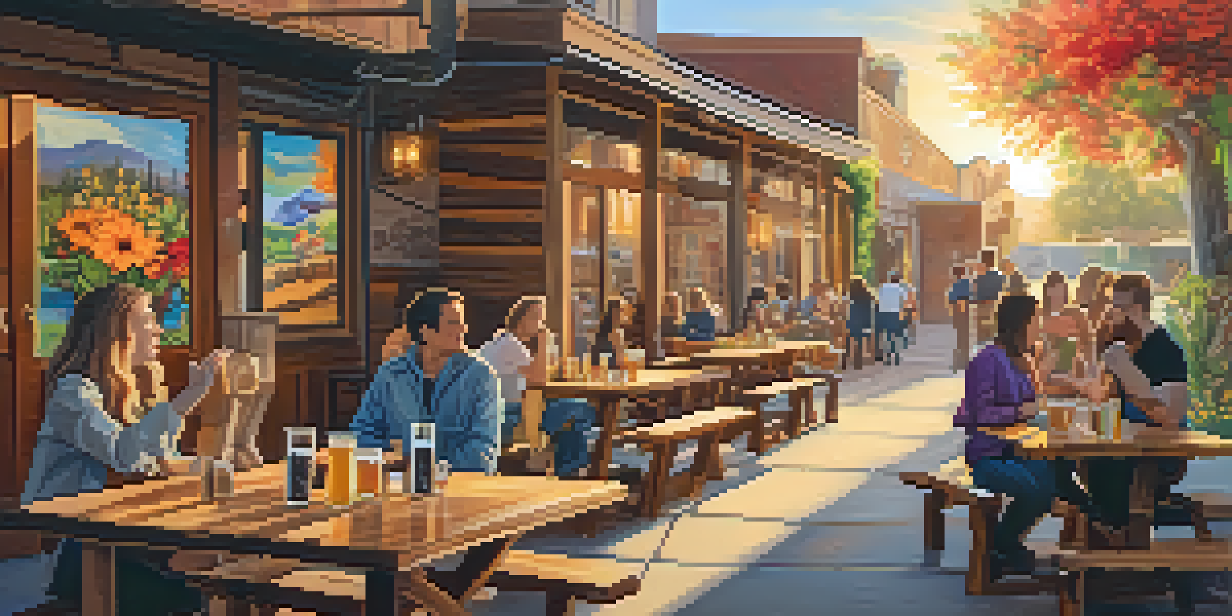 A warm and inviting outdoor patio at a craft brewery with friends enjoying drinks and colorful flowers.