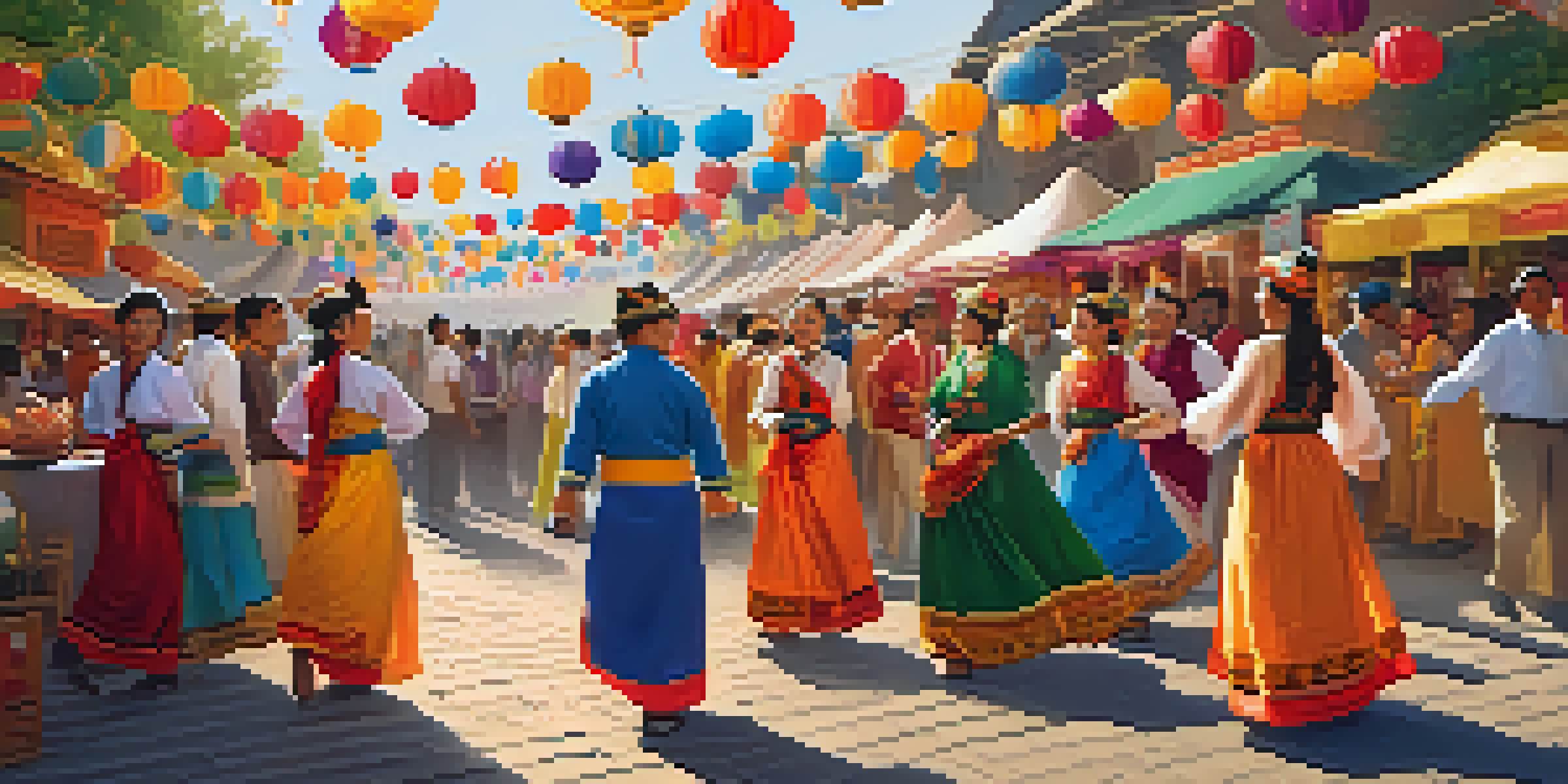 A lively street festival with people in colorful costumes dancing, decorated stalls, and warm sunlight.