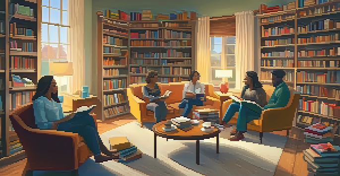 A diverse group of people gathered in a cozy room for a book club meeting, surrounded by bookshelves and snacks.
