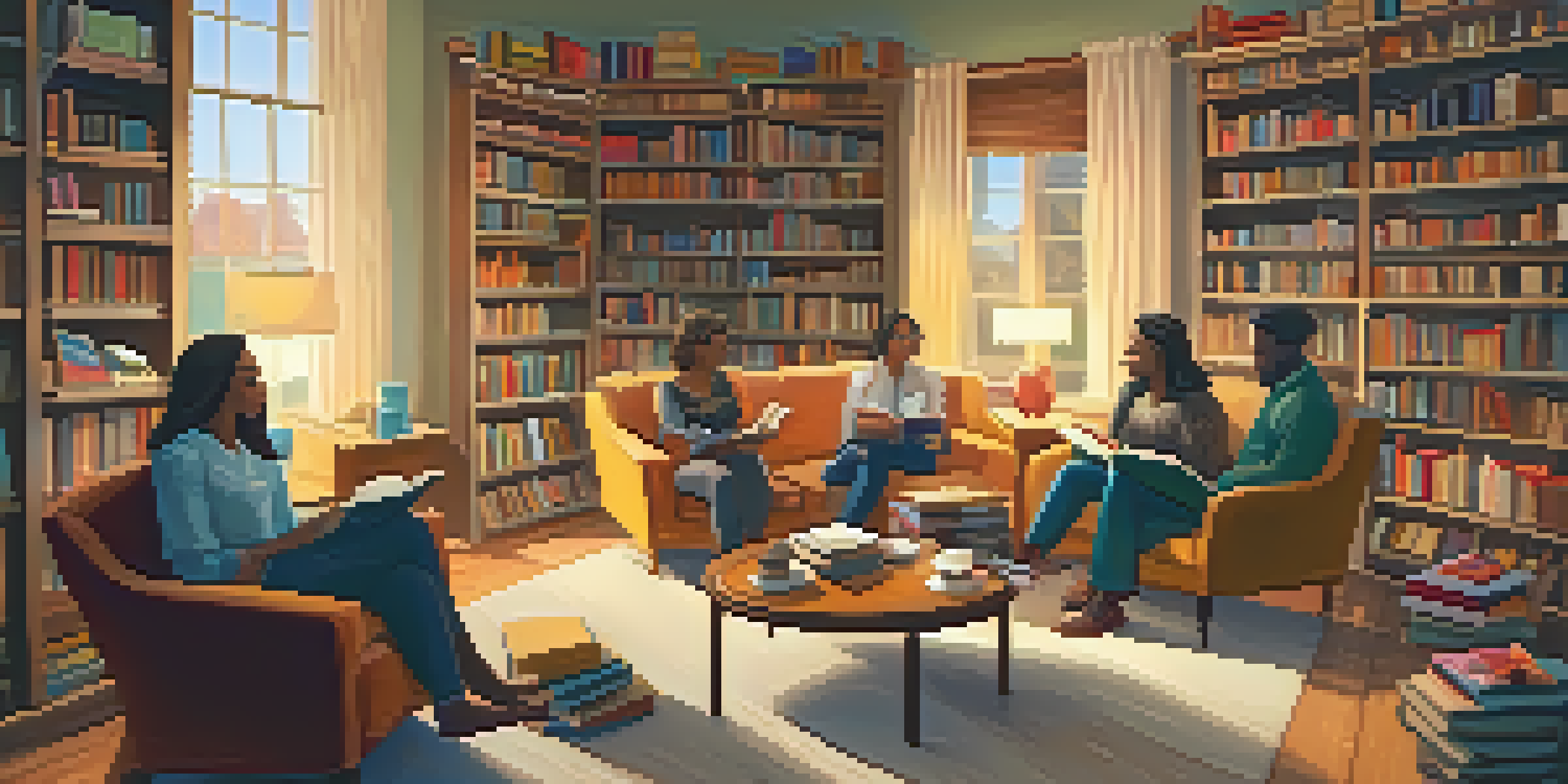 A diverse group of people gathered in a cozy room for a book club meeting, surrounded by bookshelves and snacks.