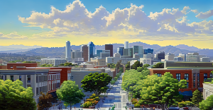 A city skyline featuring green infrastructure such as green roofs and rain gardens, surrounded by blue skies and sunlight.