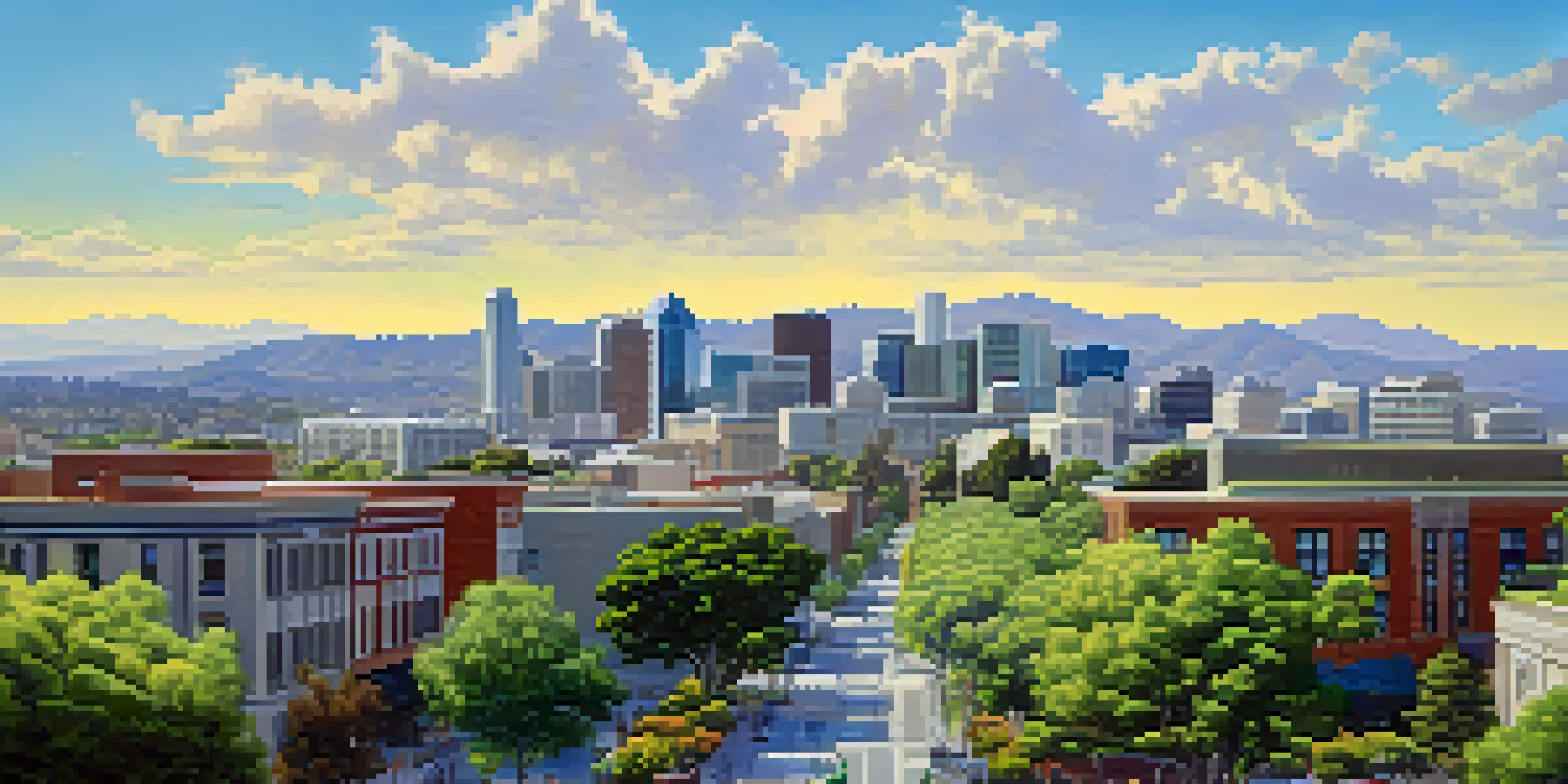 A city skyline featuring green infrastructure such as green roofs and rain gardens, surrounded by blue skies and sunlight.