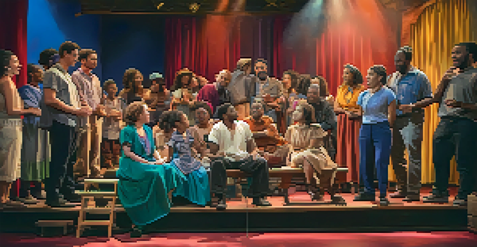 A lively community theater performance with diverse actors on stage, colorful backdrops, and an engaged audience under warm lighting.