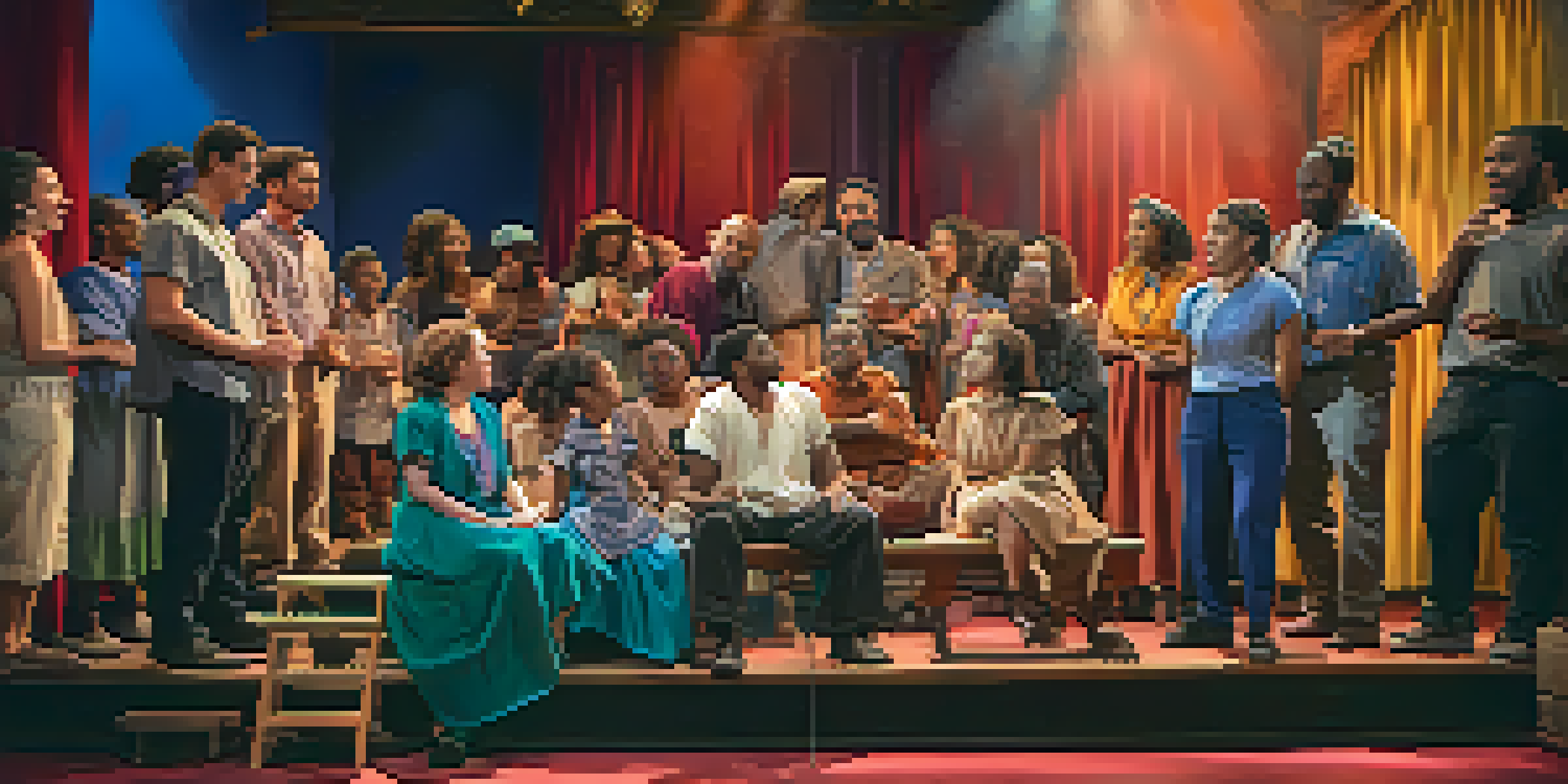 A lively community theater performance with diverse actors on stage, colorful backdrops, and an engaged audience under warm lighting.
