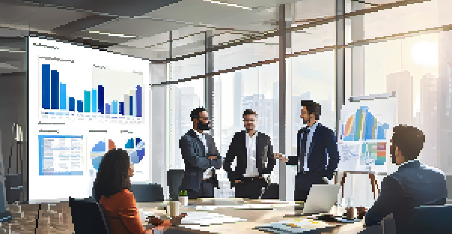 A diverse team of property managers in an office setting, discussing rental market trends with charts on a screen.
