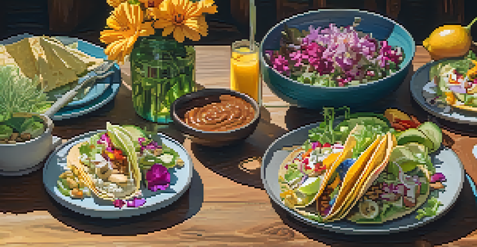 A colorful plant-based meal displayed on a wooden table with tacos, cheese, and salad, illuminated by warm sunlight.
